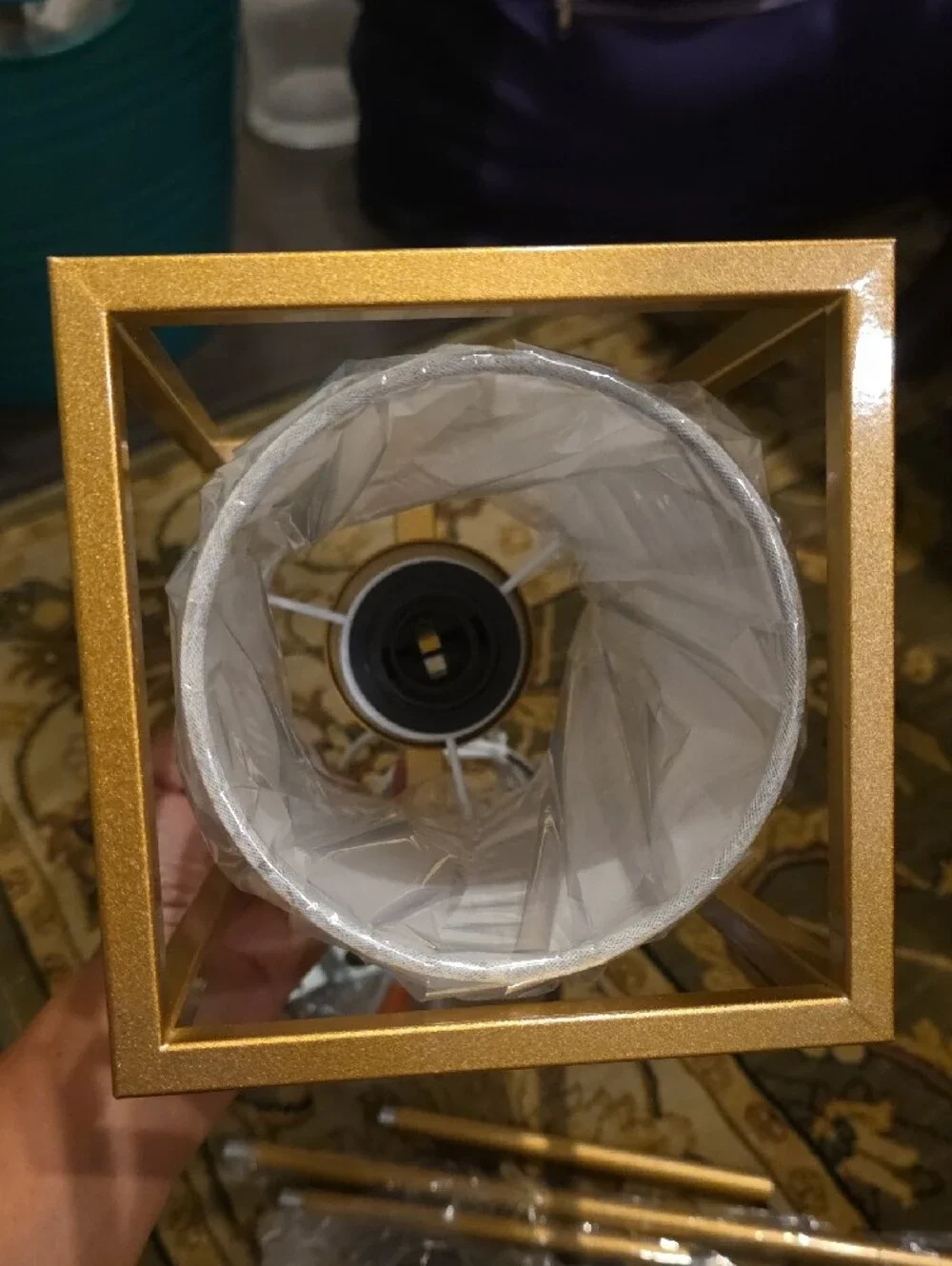 NWT Gold Metal Cage Pendant Light with White Fabric Shade